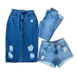 Kit Calça Skinny + Saia Jeans + Short Mom Destroyd Claro - Fasstyle®