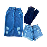 Kit Calça Skinny Levanta Bumbum +Saia Jeans + Short Mom Destroyd claro - Fasstyle®