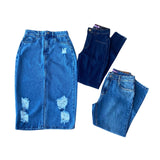 Kit Calça Skinny Levanta Bumbum + Saia Jeans + Calça Mom - Fasstyle®